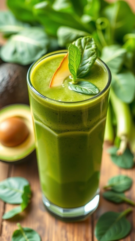 A refreshing avocado spinach smoothie in a glass, garnished with avocado slice and spinach leaves.